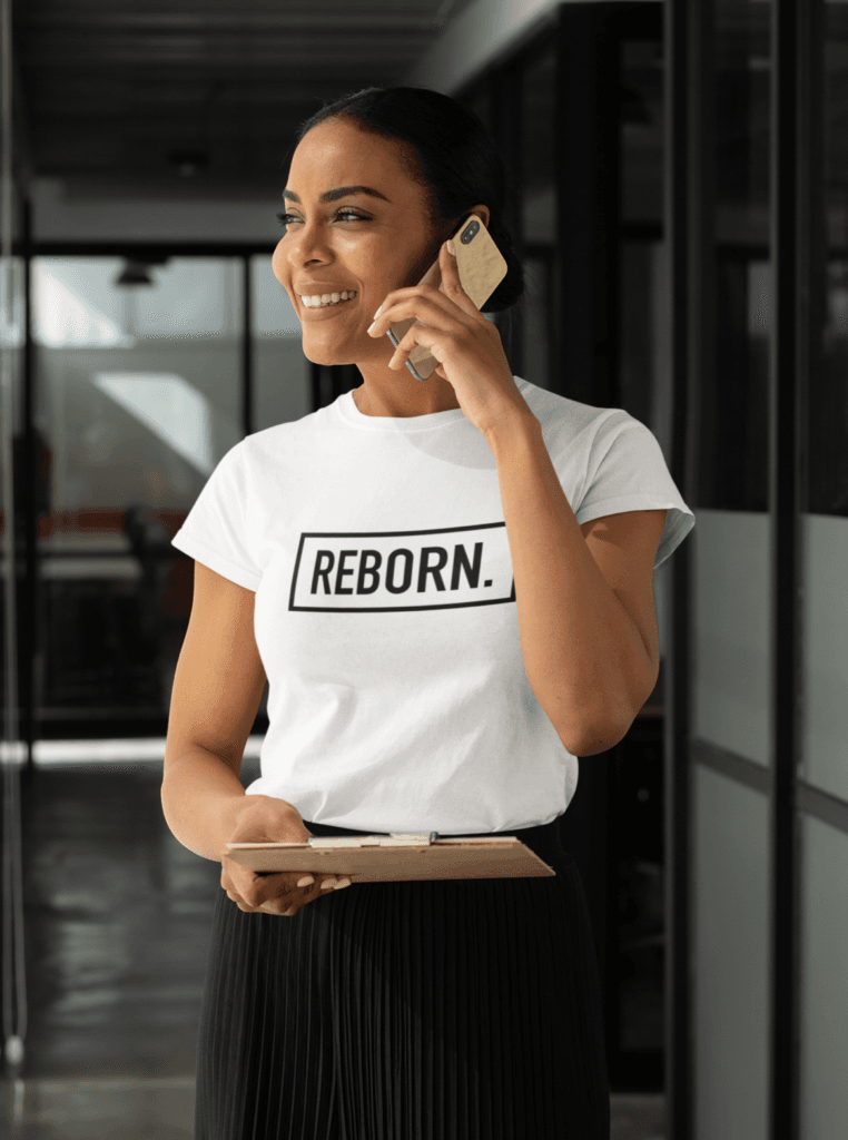 Model wearing recycled tee