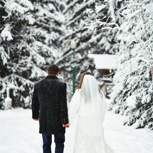 Bride and groom at winter wedding destinations