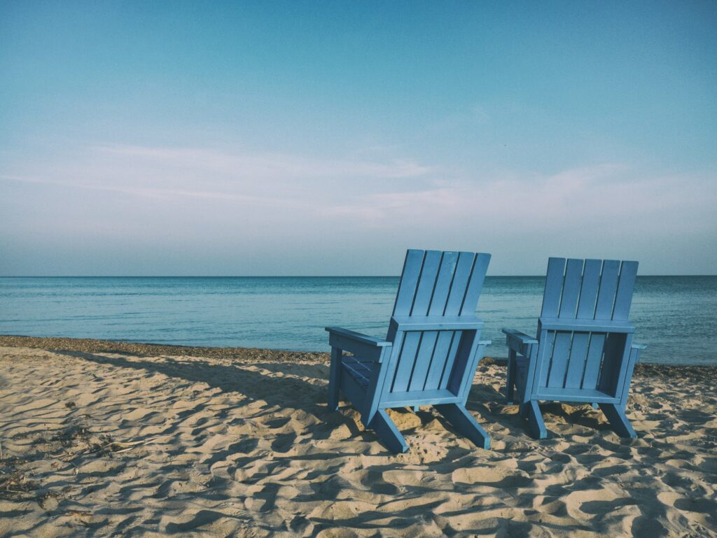 Benches on beach.
